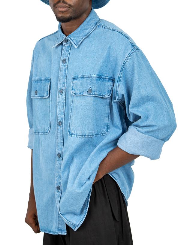 Men's dark blue denim long-sleeved shirt, Isabel Marant Vhelynton model, with button-down closure and chest pockets