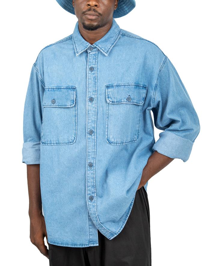 Men's dark blue denim long-sleeved shirt, Isabel Marant Vhelynton model, with button-down closure and chest pockets.