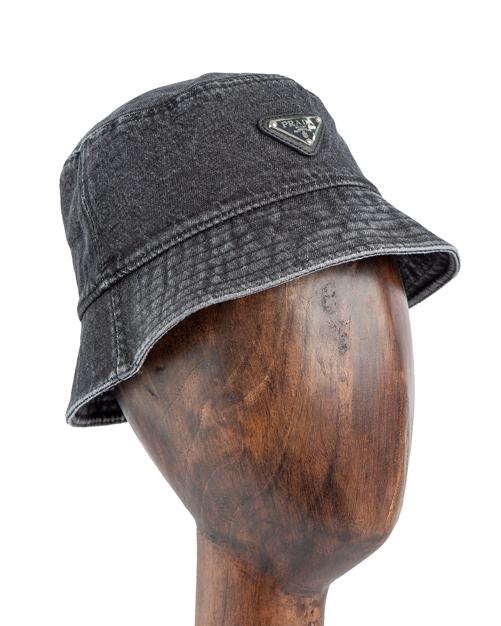 Prada Washed Denim Bucket Hat, Black Denim, Silver Logo, Unisex