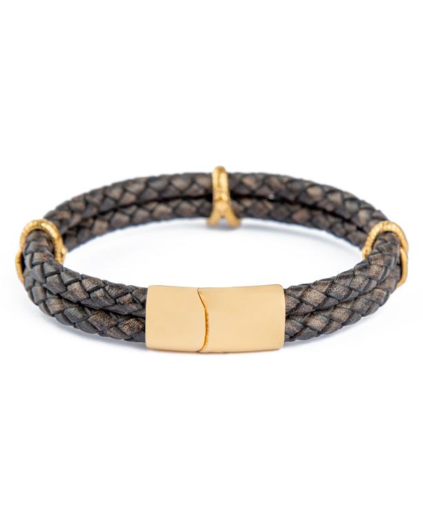 Greenwich Braided Leather Bracelet, Dark Grey Leather with Gold Accents, Men's Accessory
