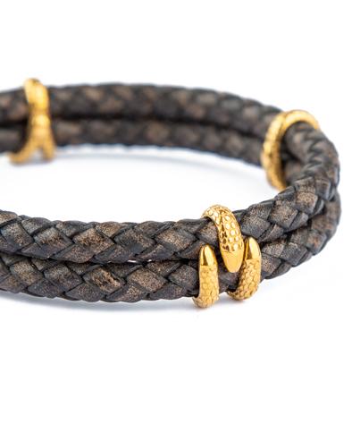 Greenwich Braided Leather Bracelet, Dark Grey Leather with Gold Accents, Men's Accessory