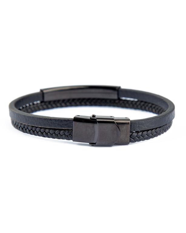 Montblanc Leather and Steel Bracelet, Black Leather, Silver Steel Plate, Men's Accessory