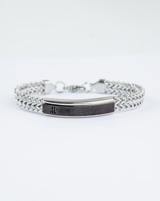 Hublot Stainless Steel Link Bracelet, Silver Steel, Black Logo Plate, Men's Accessory