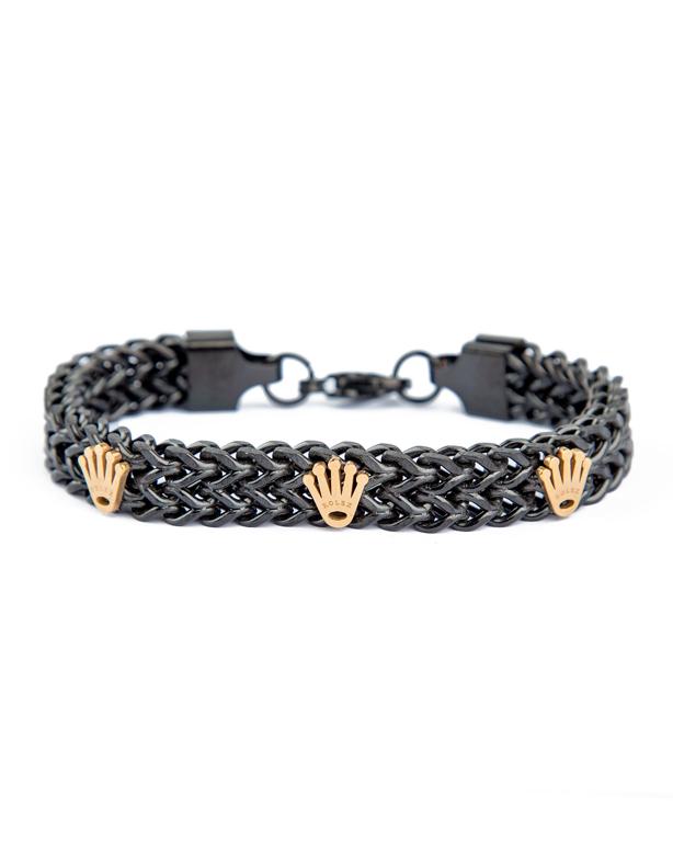 Crown Woven Link Bracelet, Black Metal, Gold Crown Emblems, Men's Accessory