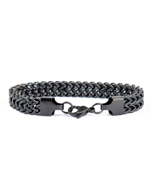 Crown Woven Link Bracelet, Black Metal, Gold Crown Emblems, Men's Accessory
