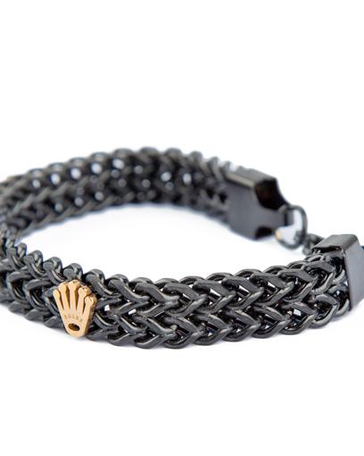 Crown Woven Link Bracelet, Black Metal, Gold Crown Emblems, Men's Accessory