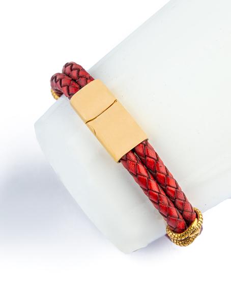 Crimson Braided Leather Bracelet, Red Leather with Gold Accents, Men's Accessory