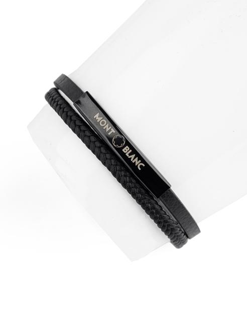 Montblanc Leather and Steel Bracelet, Black Leather, Silver Steel Plate, Men's Accessory
