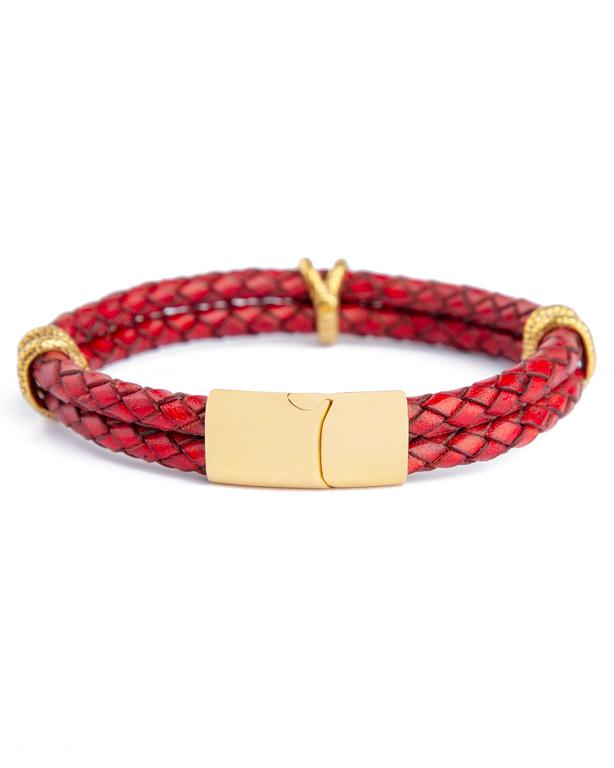 Crimson Braided Leather Bracelet, Red Leather with Gold Accents, Men's Accessory