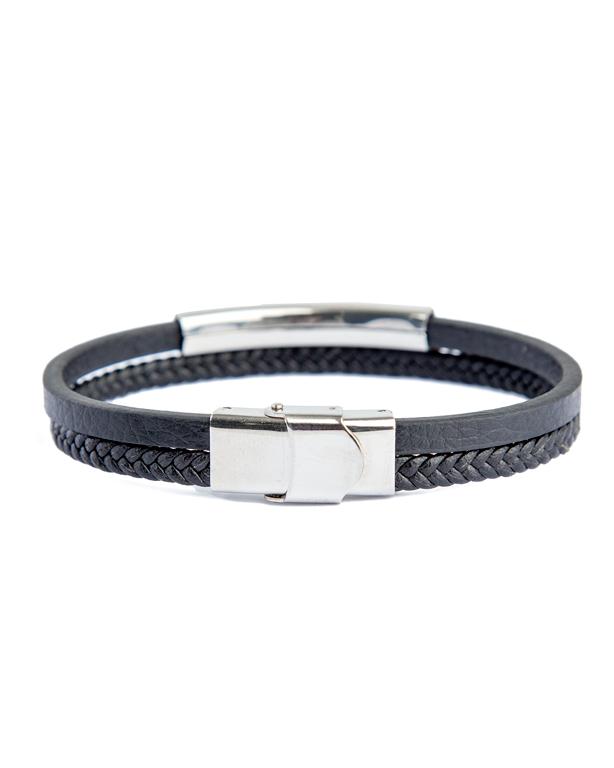 Dual Texture Leather and Steel Bracelet, Black Leather, Silver Steel, Men's Accessory