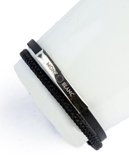 Dual Texture Leather and Steel Bracelet, Black Leather, Silver Steel, Men's Accessory