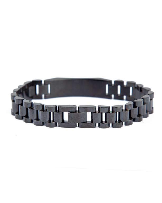 Black watch band style bracelet with crown detail.
