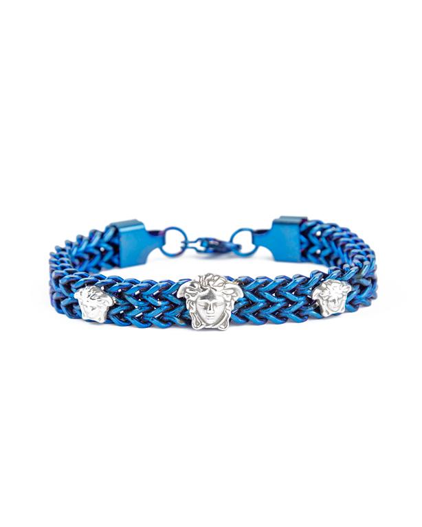 Blue petroleum braided metal bracelet with Medusa heads.