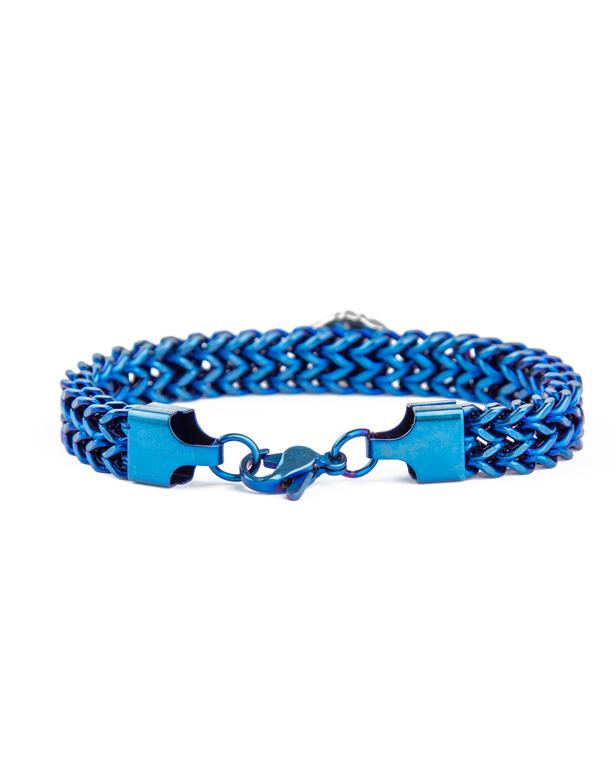 Blue petroleum braided metal bracelet with Medusa heads.