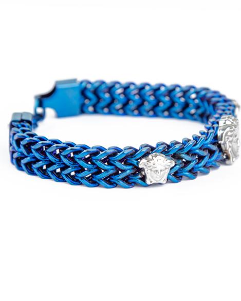 Blue petroleum braided metal bracelet with Medusa heads.