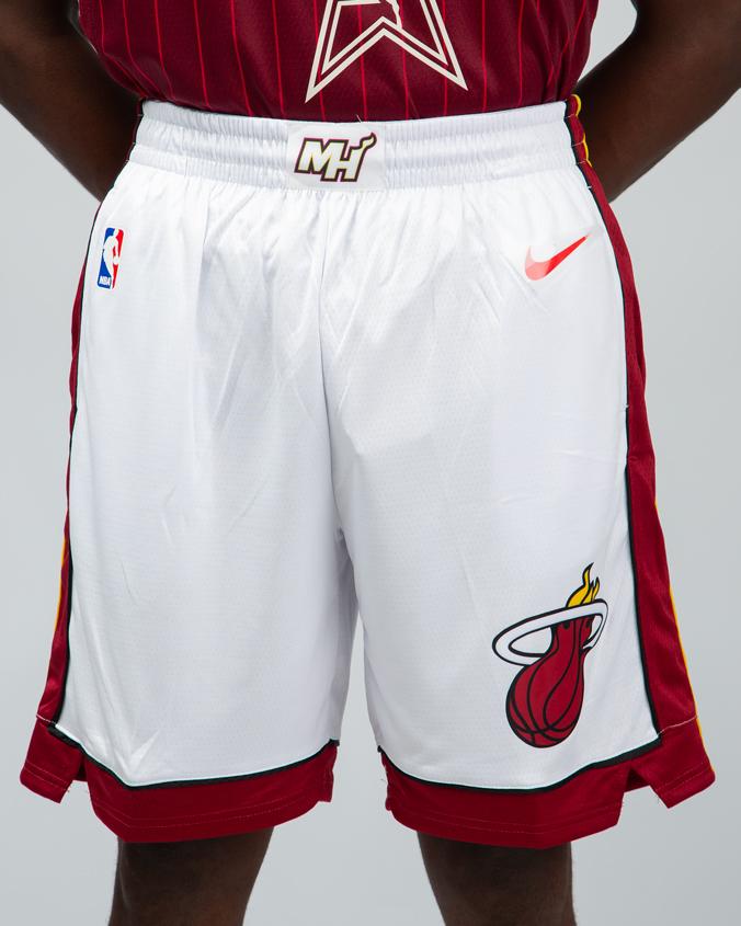 Nike Miami Heat Icon Edition Swingman Shorts, White, MH Logo, Flaming Basketball, NBA Shorts