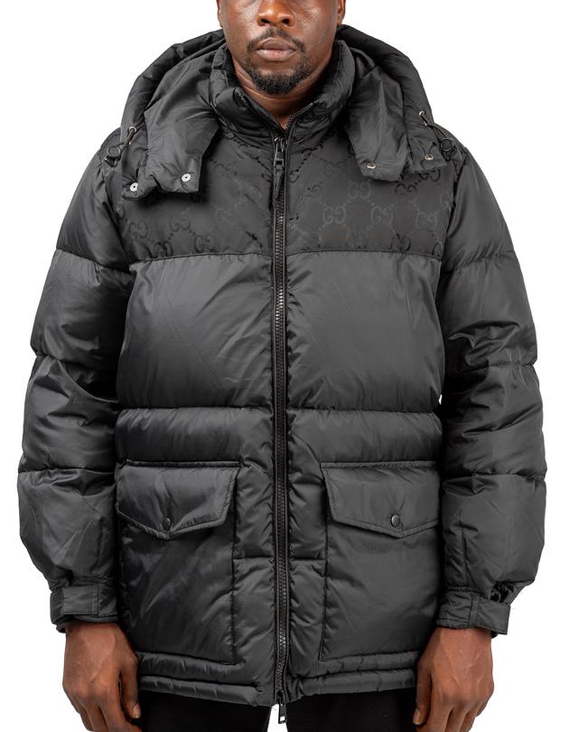 Gucci black GG pattern down jacket, men's/unisex quilted nylon outerwear.
