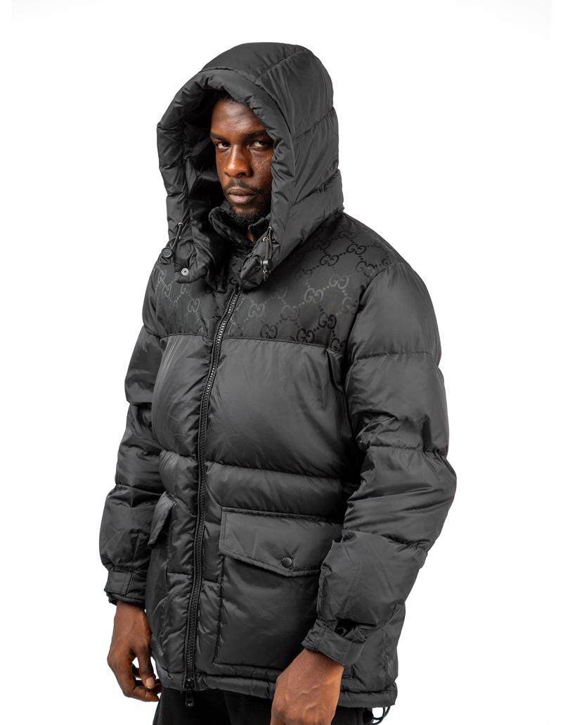 Gucci black GG pattern down jacket, men's/unisex quilted nylon outerwear.