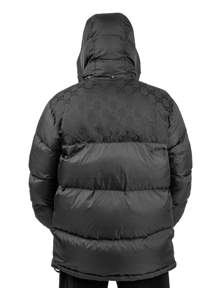 Gucci black GG pattern down jacket, men's/unisex quilted nylon outerwear.