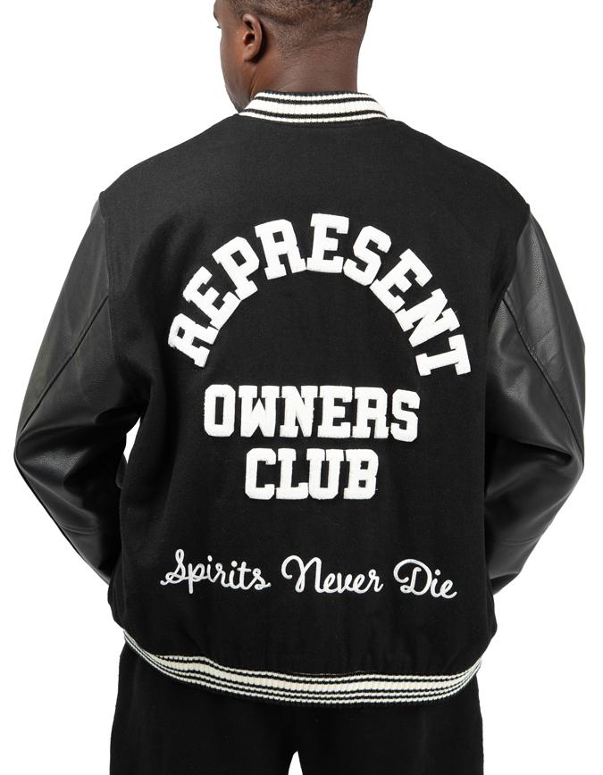 Represent Owners' Club black bomber jacket, unisex streetwear outerwear.