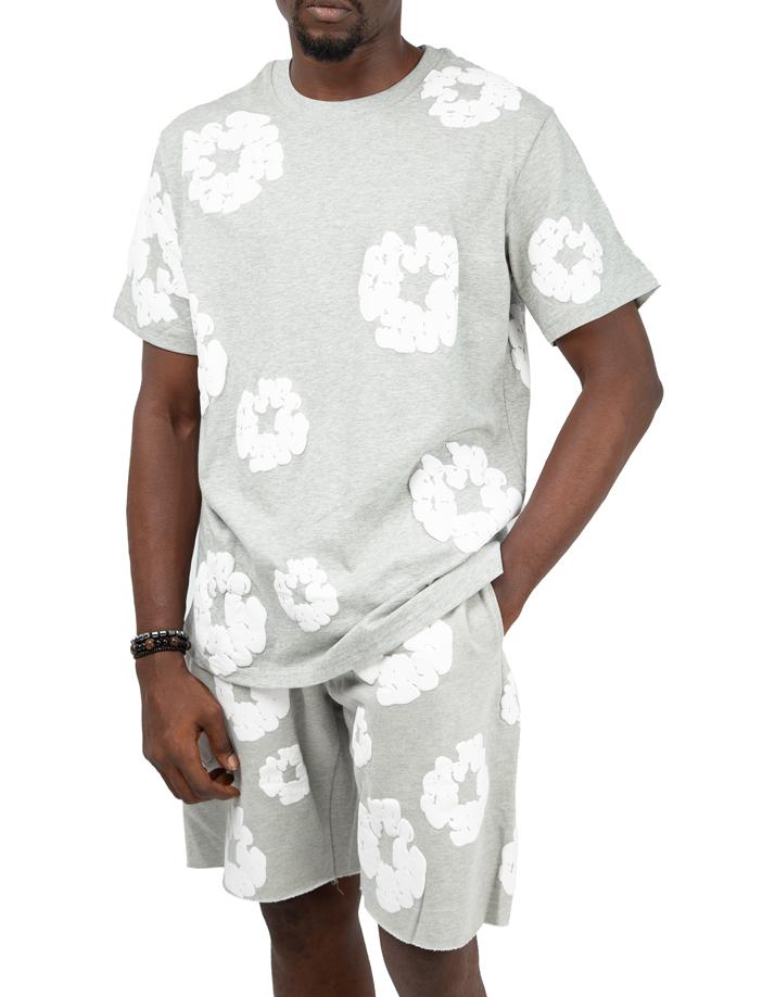 Denim Tears Heather Grey T-Shirt and Shorts Set with White Floral Appliqués