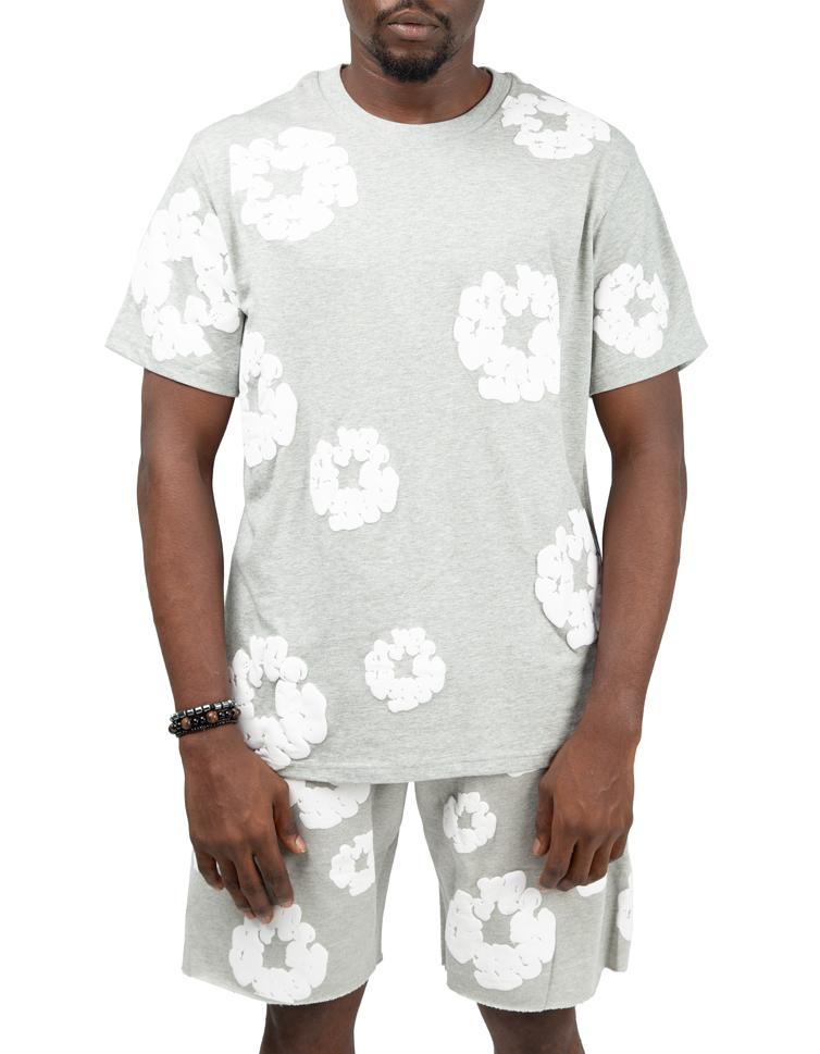 Denim Tears Heather Grey T-Shirt and Shorts Set with White Floral Appliqués