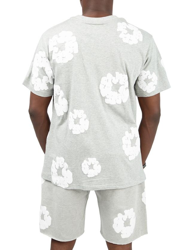 Denim Tears Heather Grey T-Shirt and Shorts Set with White Floral Appliqués