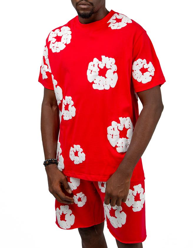 Denim Tears CYYYD6 red t-shirt and shorts set with white floral design