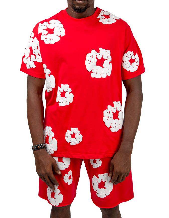 Denim Tears CYYYD6 red t-shirt and shorts set with white floral design