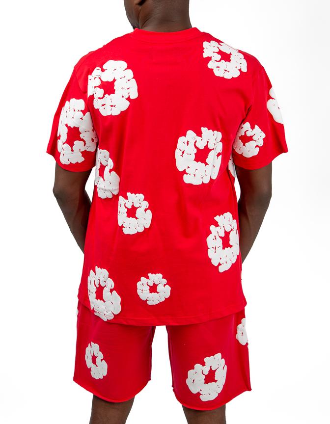 Denim Tears CYYYD6 red t-shirt and shorts set with white floral design