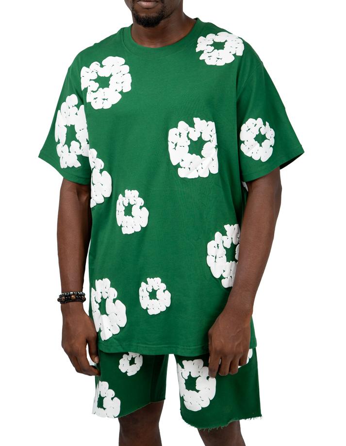 Denim Tears green t-shirt and shorts set with white clover print