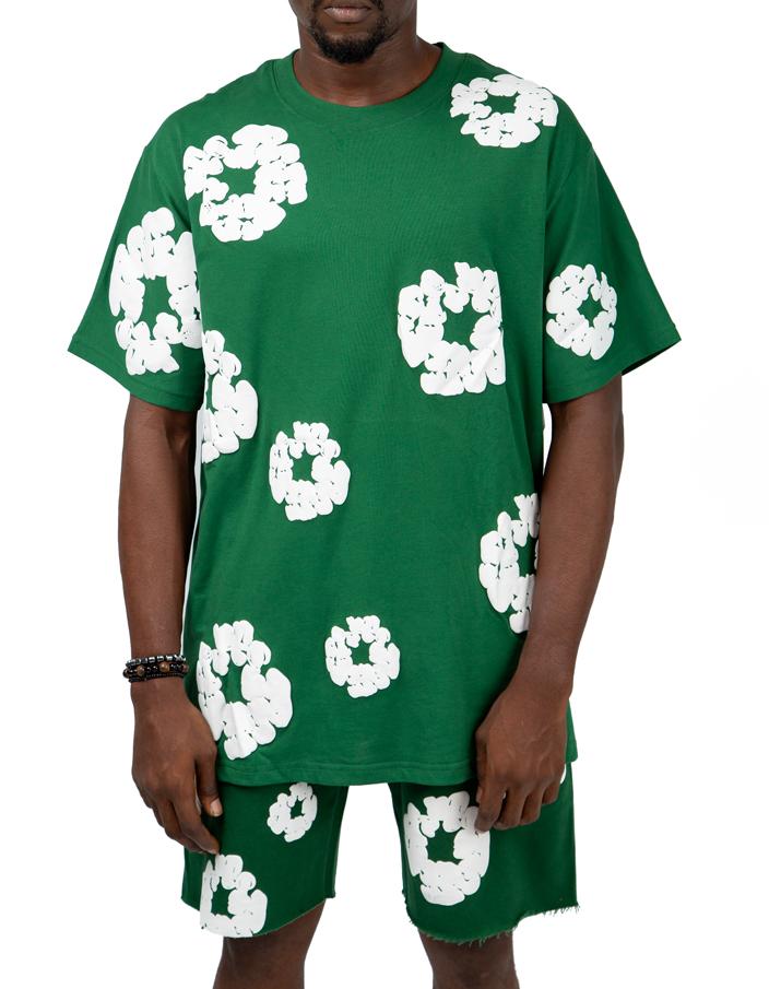Denim Tears green t-shirt and shorts set with white clover print