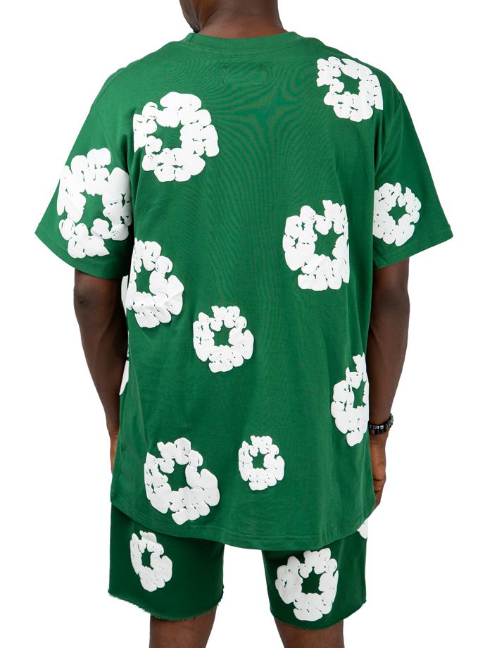 Denim Tears green t-shirt and shorts set with white clover print