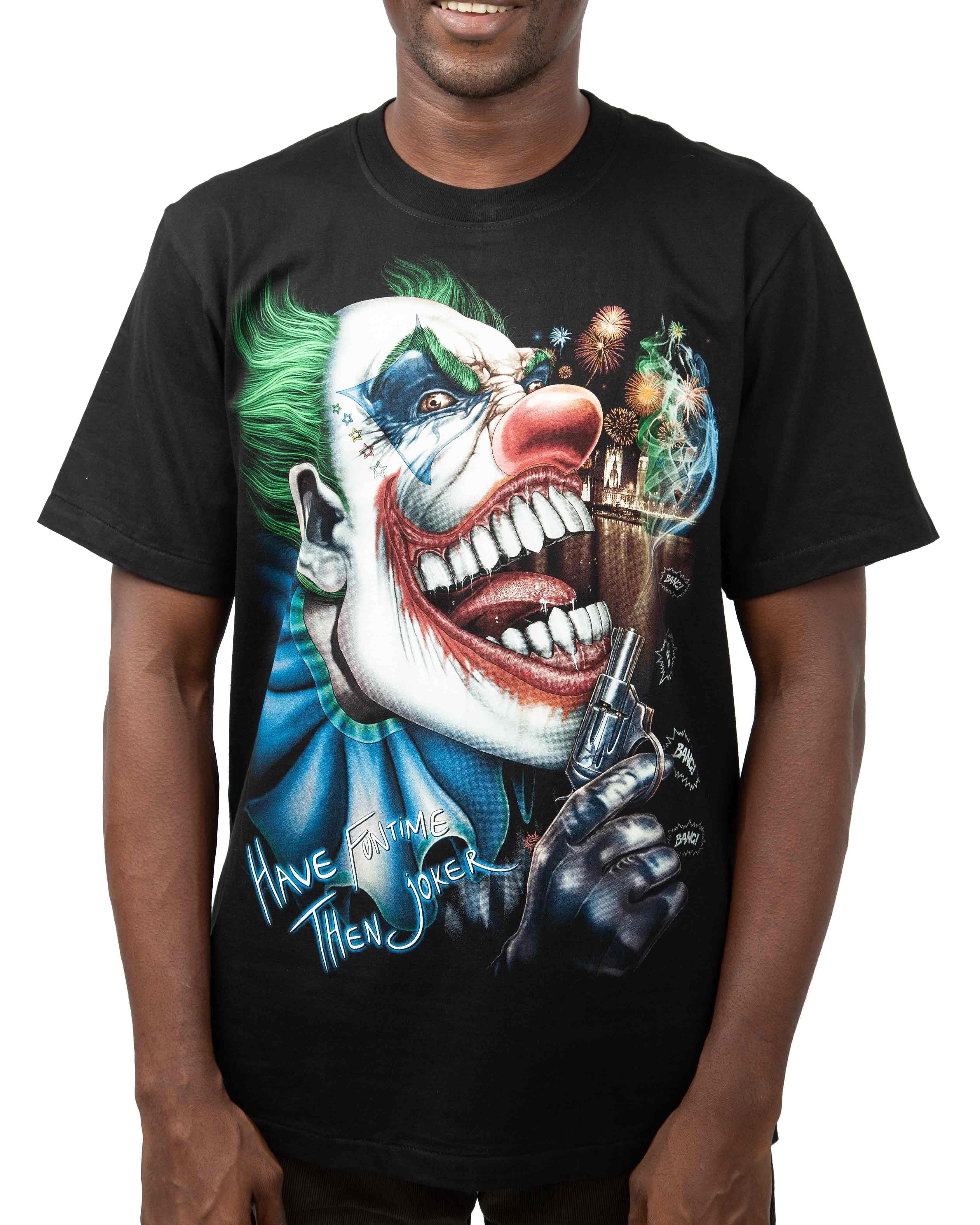 Joker Have Fun Time Graphic T-Shirt - Close-up of the Joker with a pistol and cityscape background