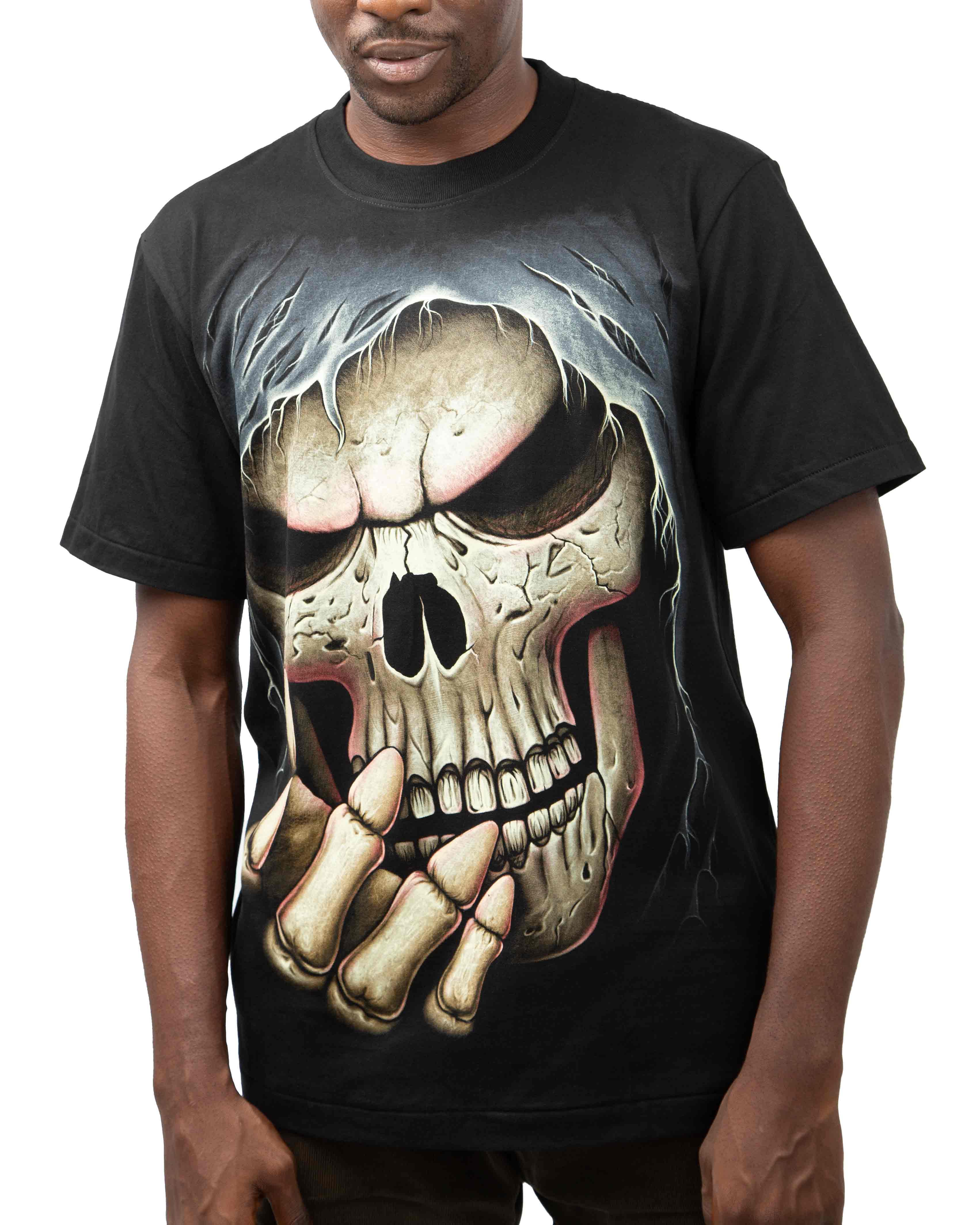 black t-shirt featuring a bold skull graphic print. 
