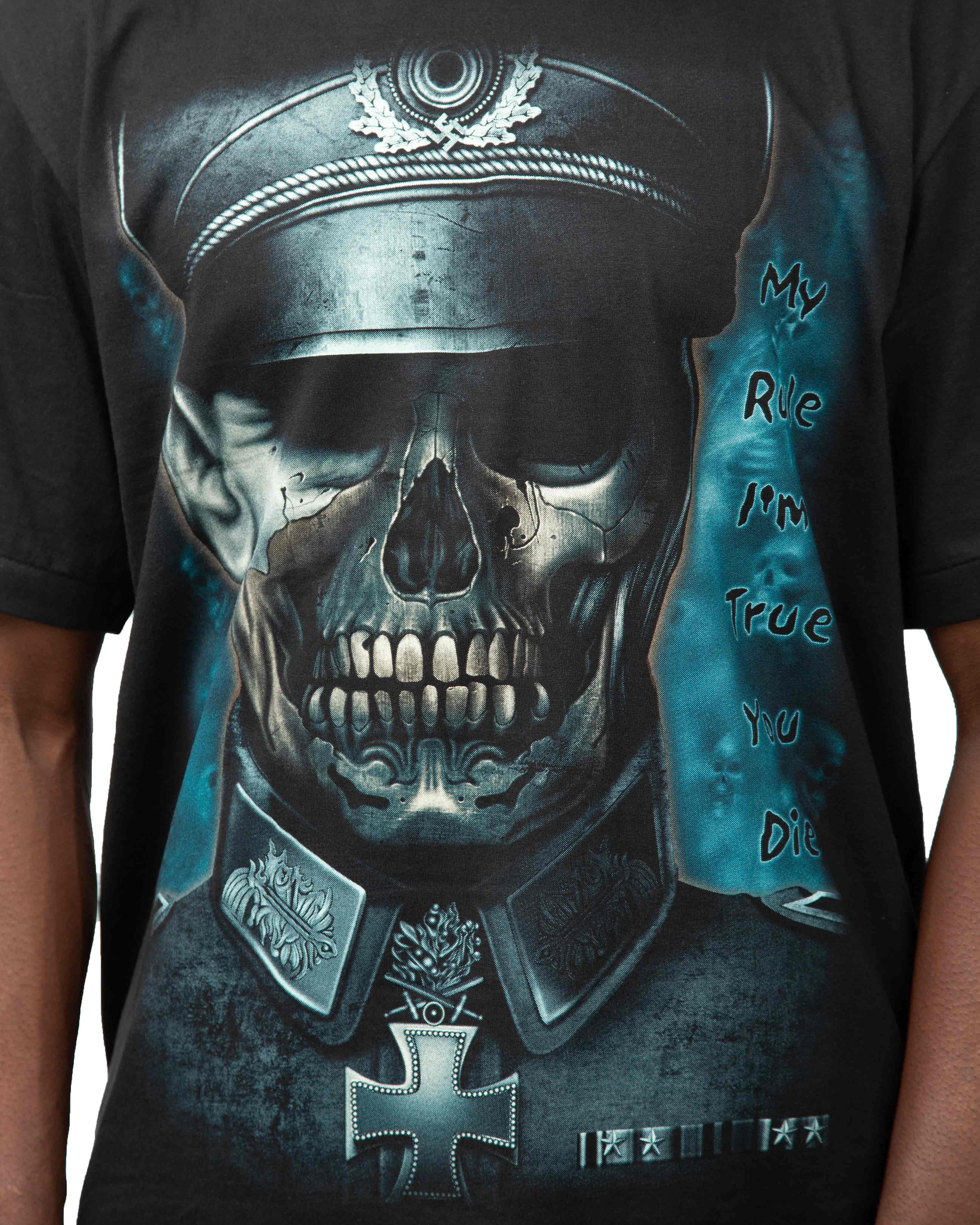 Black t-shirt with a military skull graphic