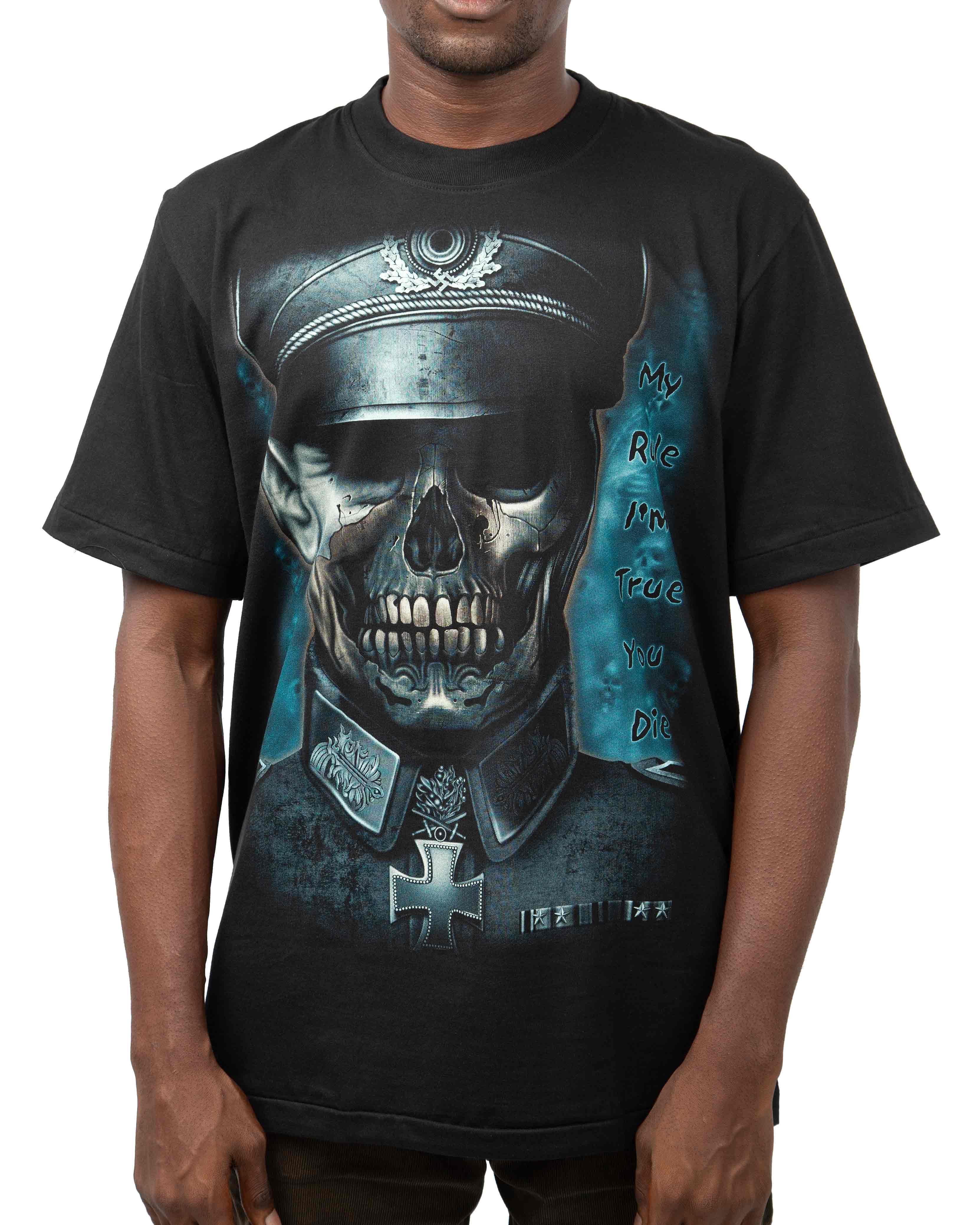 Black t-shirt with a military skull graphic