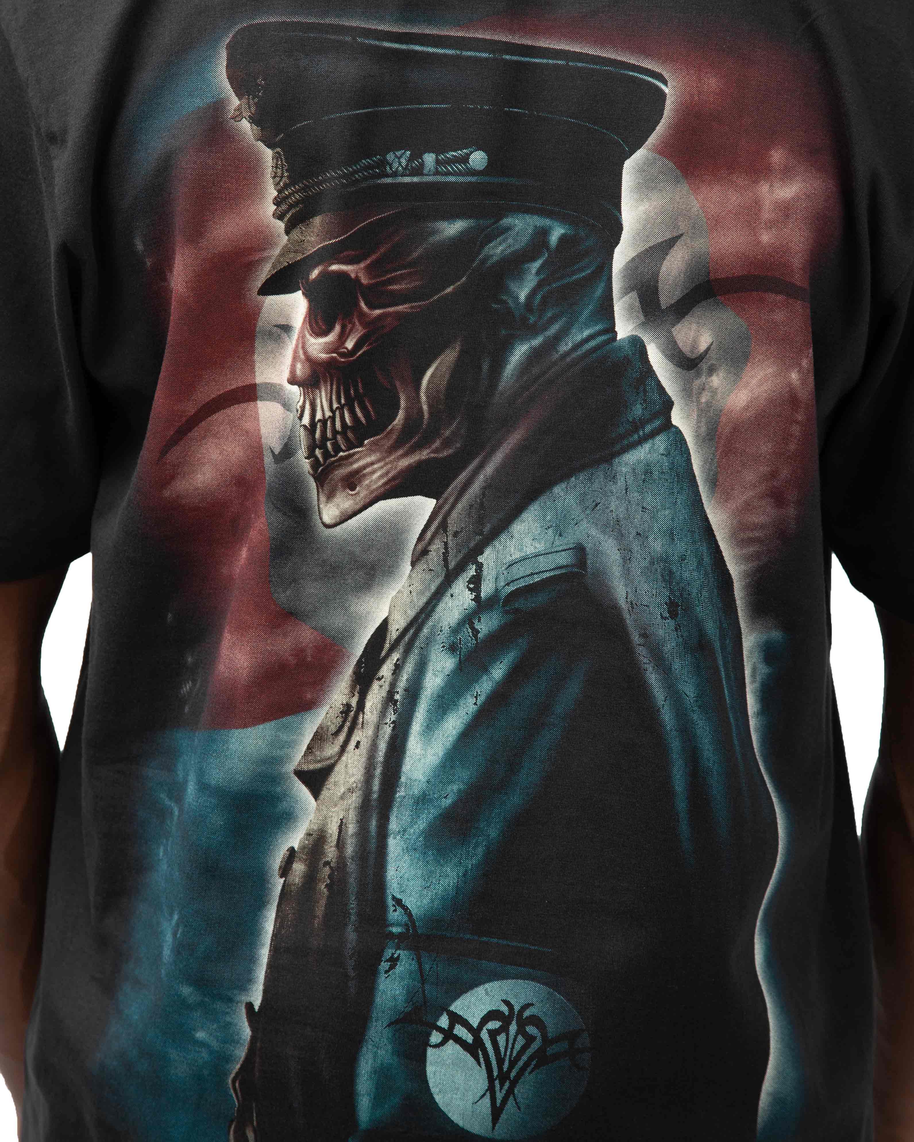 Black t-shirt with a military skull graphic
