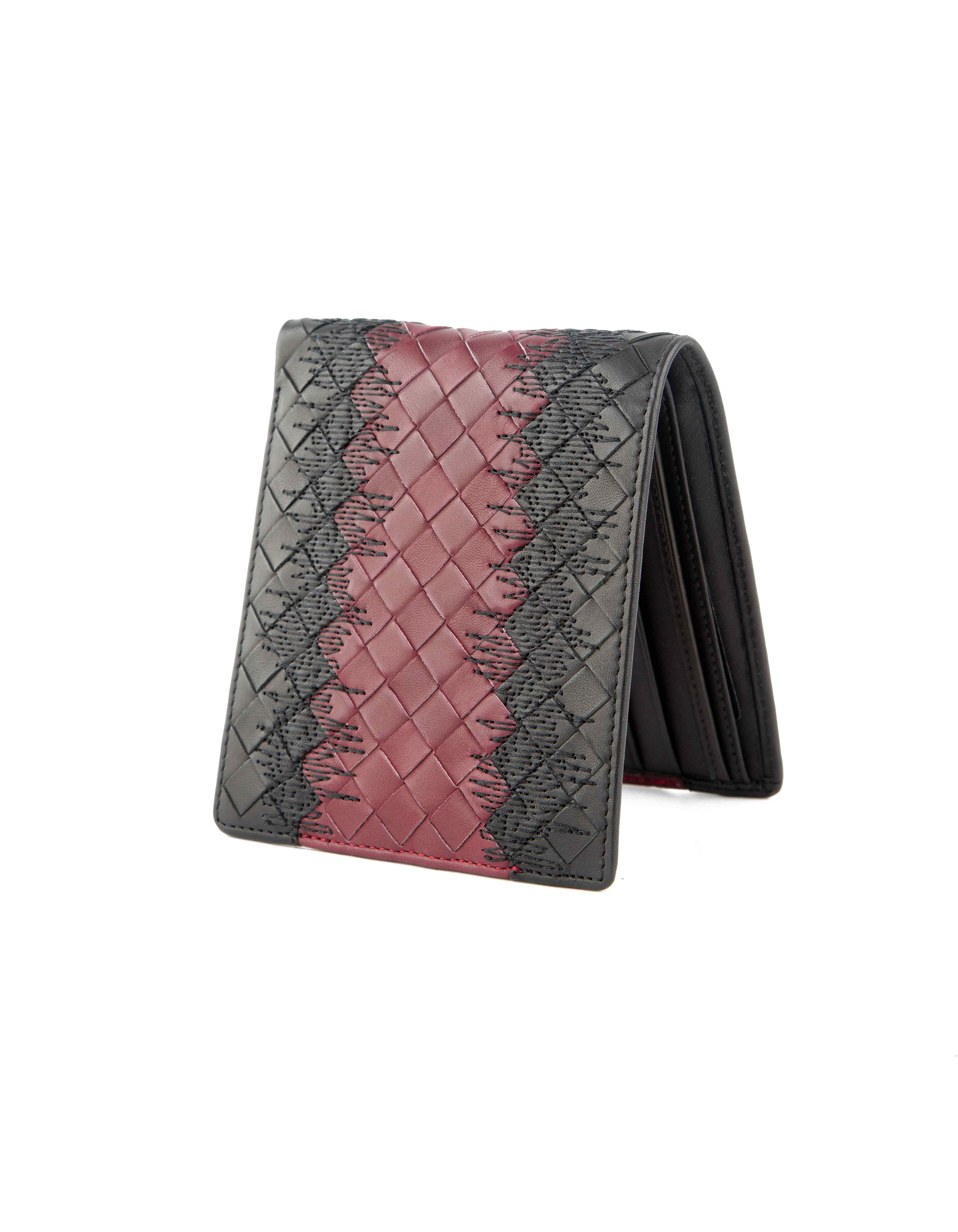 Bottega Veneta Intrecciato Bi-Fold Wallet in Black and Red Leather