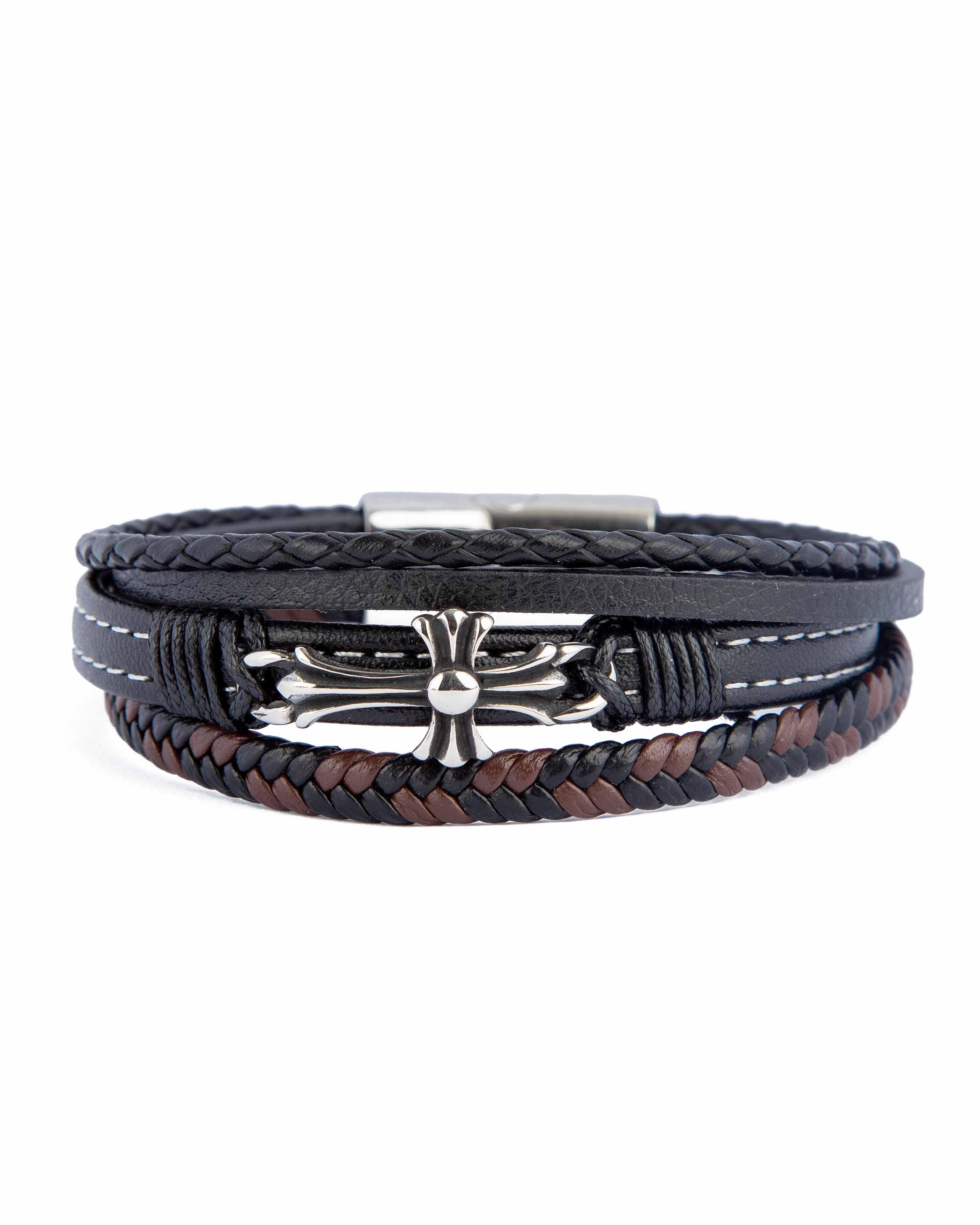 Fako Bijoux Multi-Strand Leather Bracelet with Cross, 10659- Black