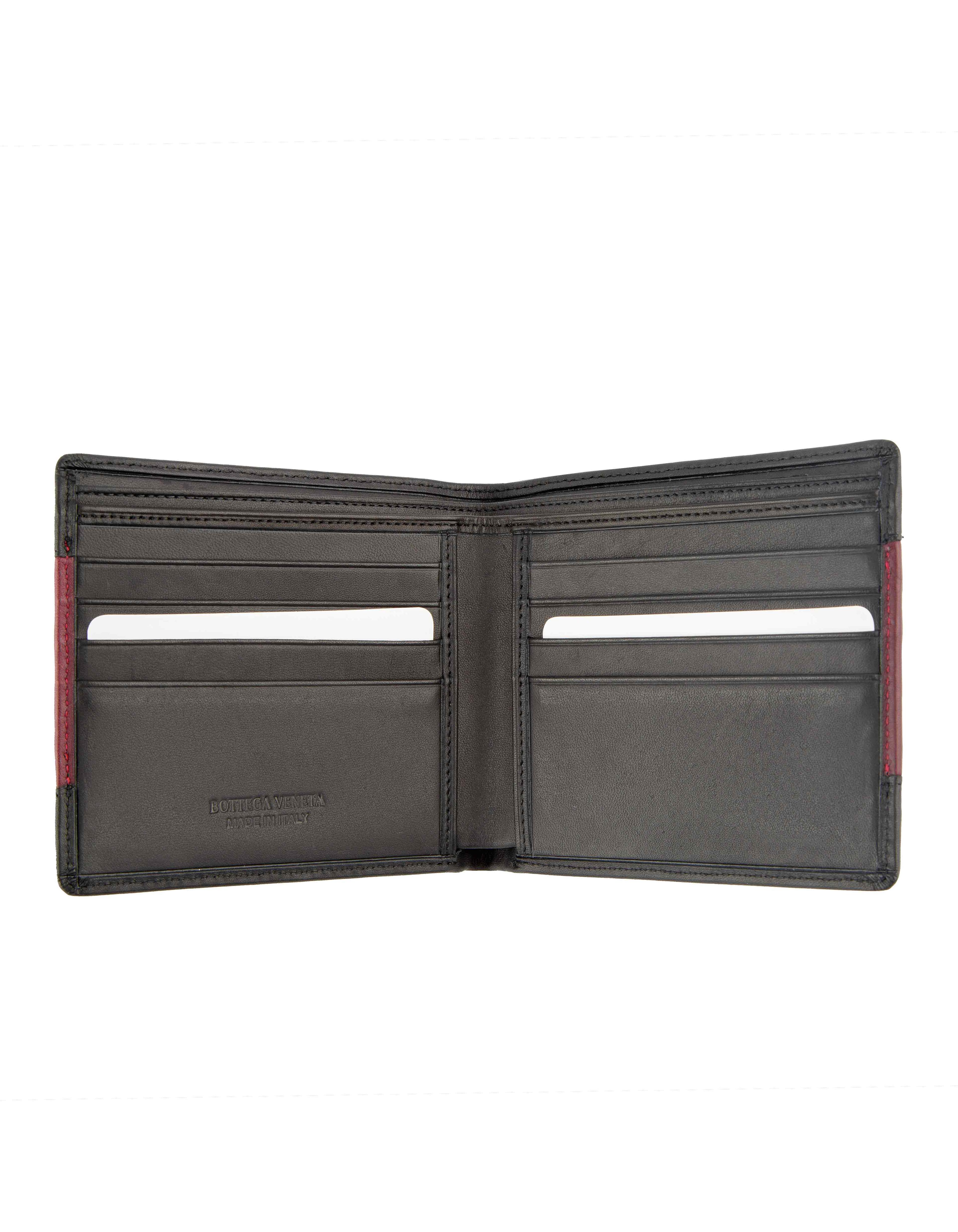Bottega Veneta Intrecciato Bi-Fold Wallet in Black and Red Leather