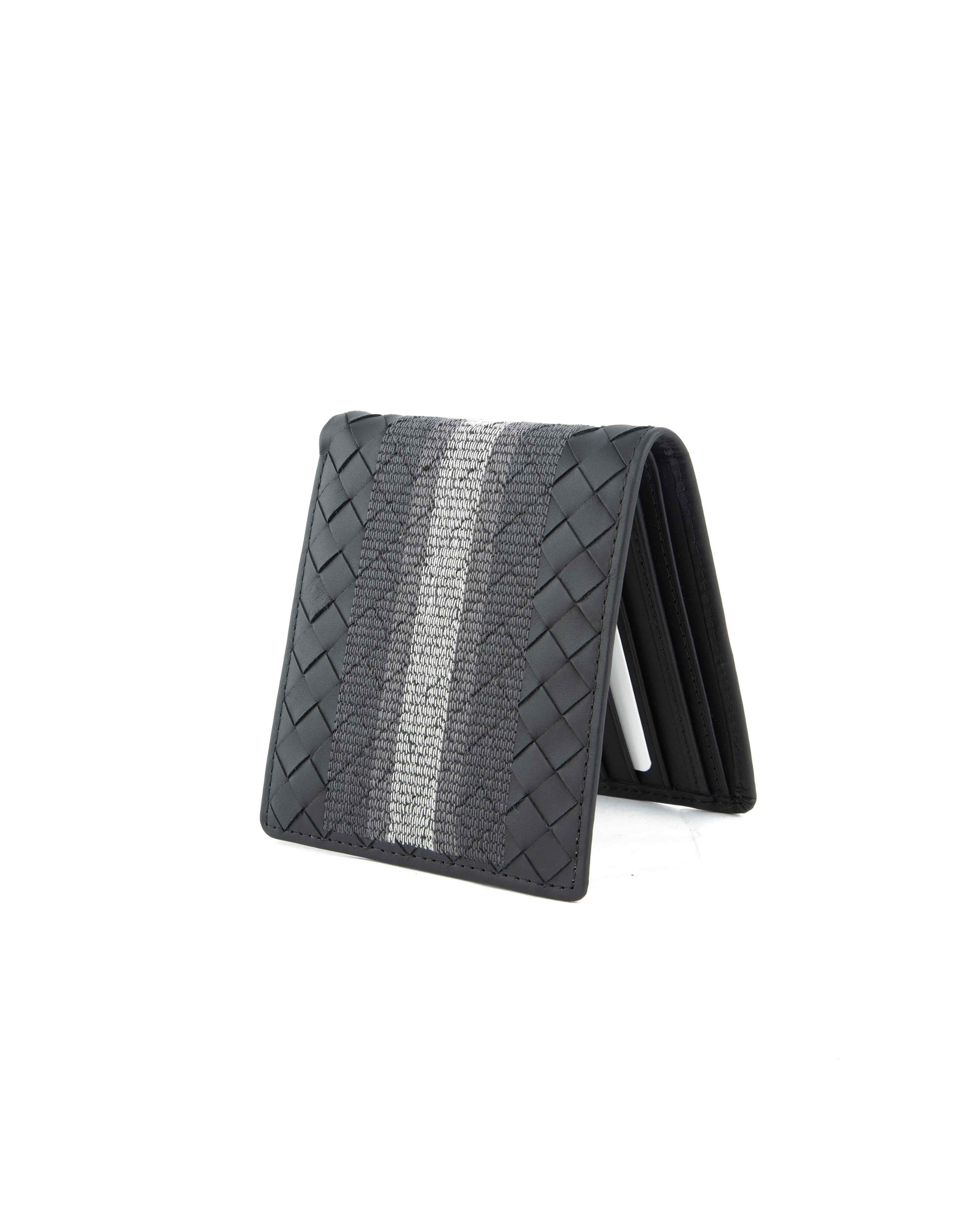 Bottega Veneta Intrecciato Black Leather Bifold Wallet with Grey Stripe