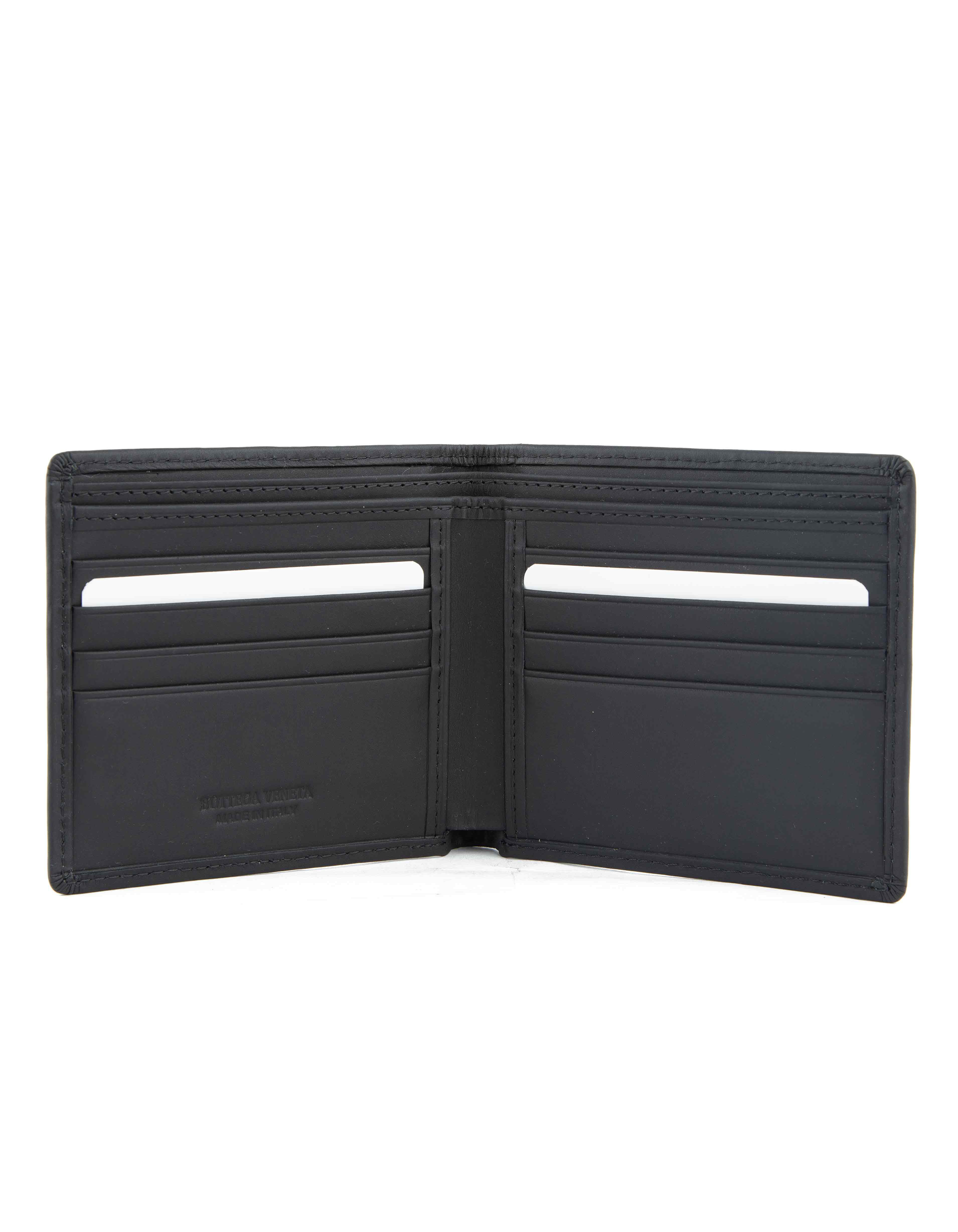 Bottega Veneta Intrecciato Black Leather Bifold Wallet with Grey Stripe