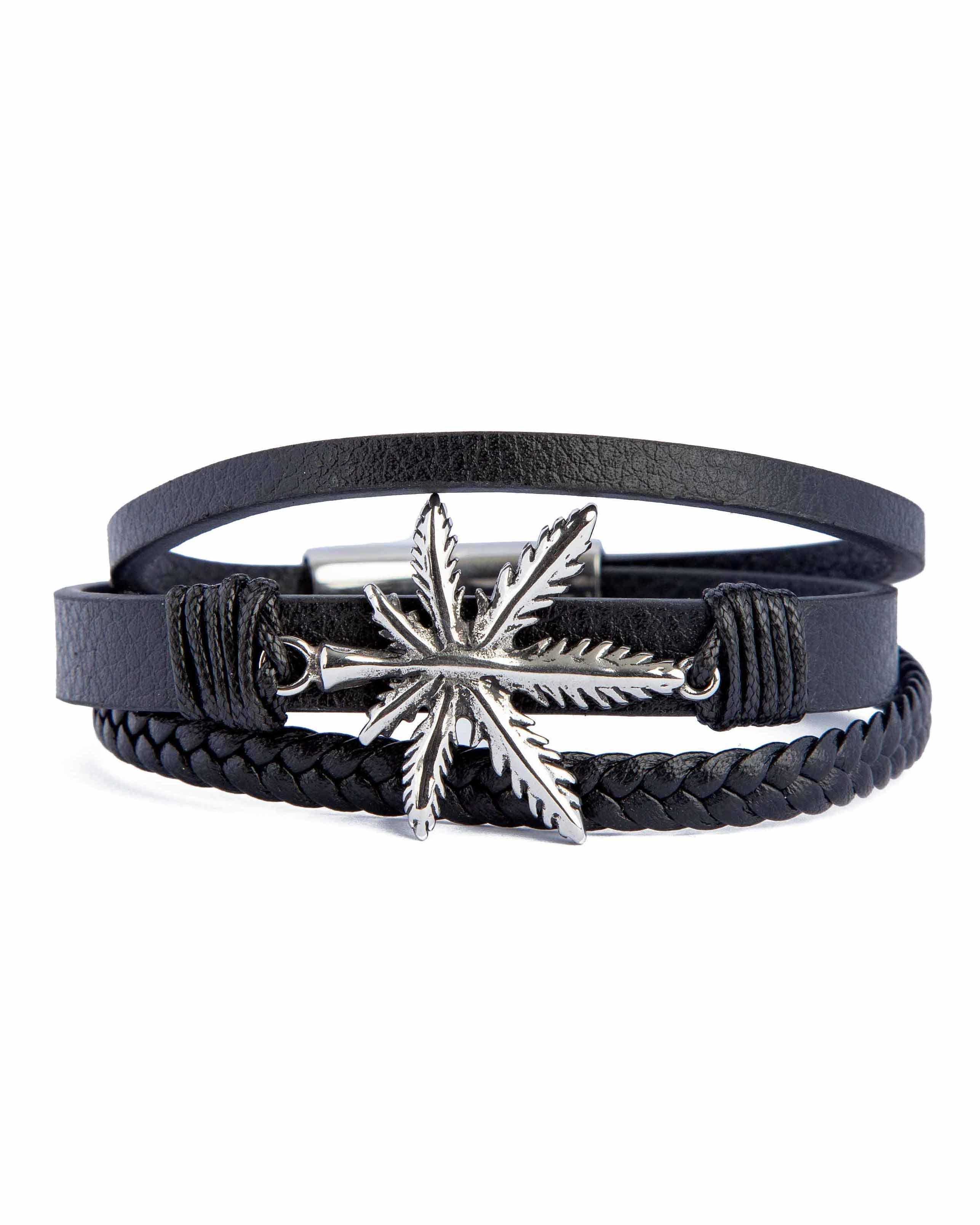 Layered Black Leather Leaf Bracelet, 10659- Black & Silver-toned