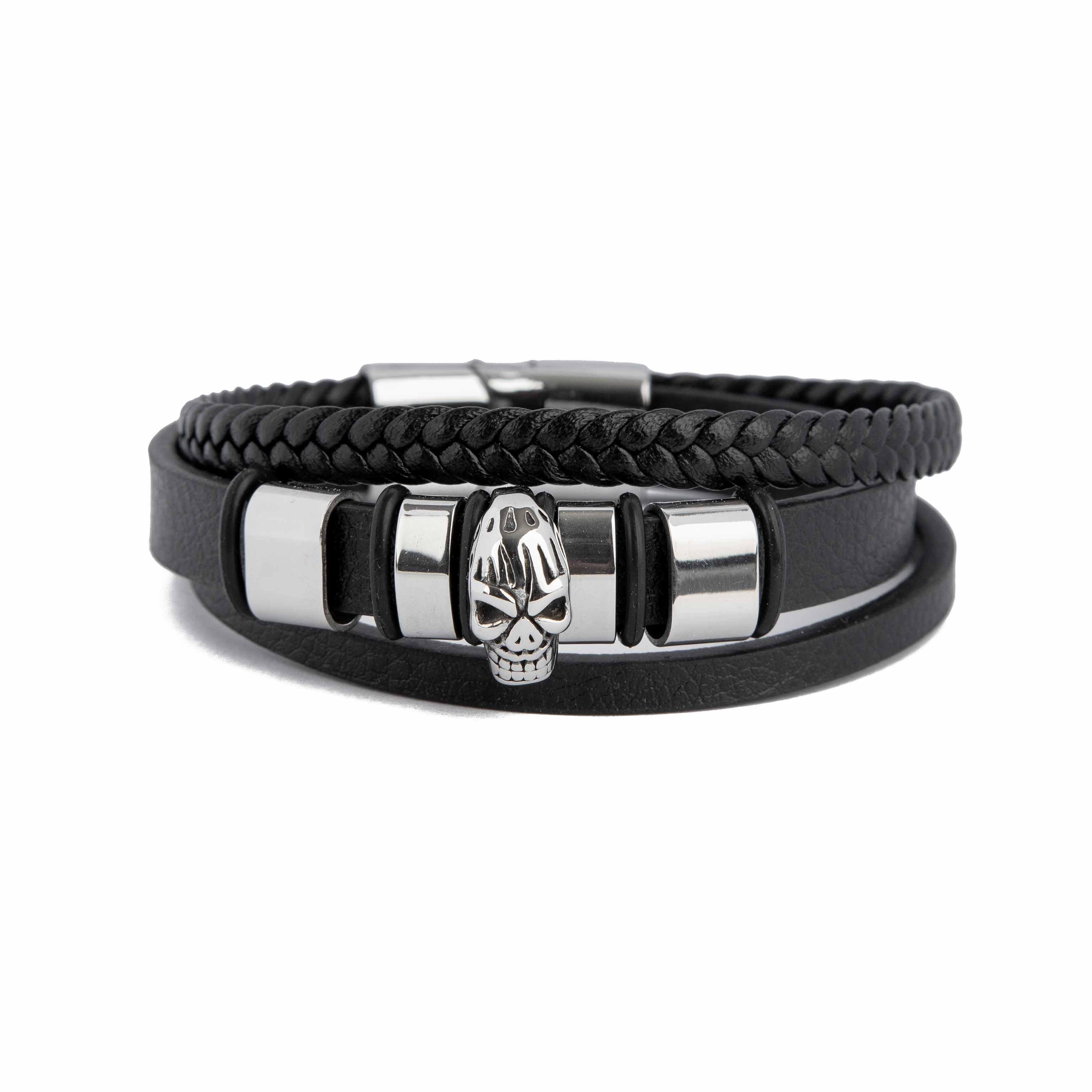 Layered Black Leather Bracelet with Silver Skull Charm