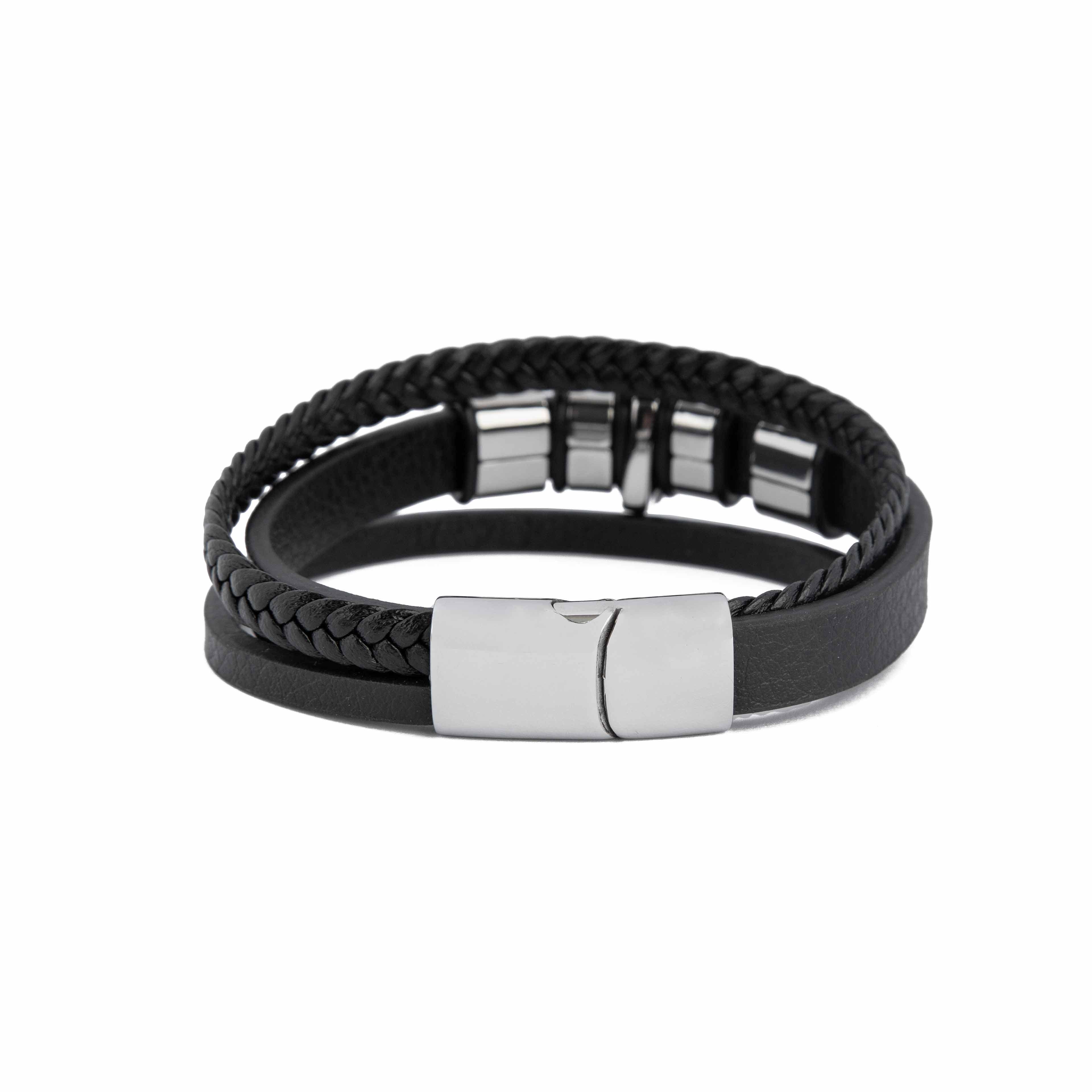 Layered Black Leather Bracelet with Silver Skull Charm