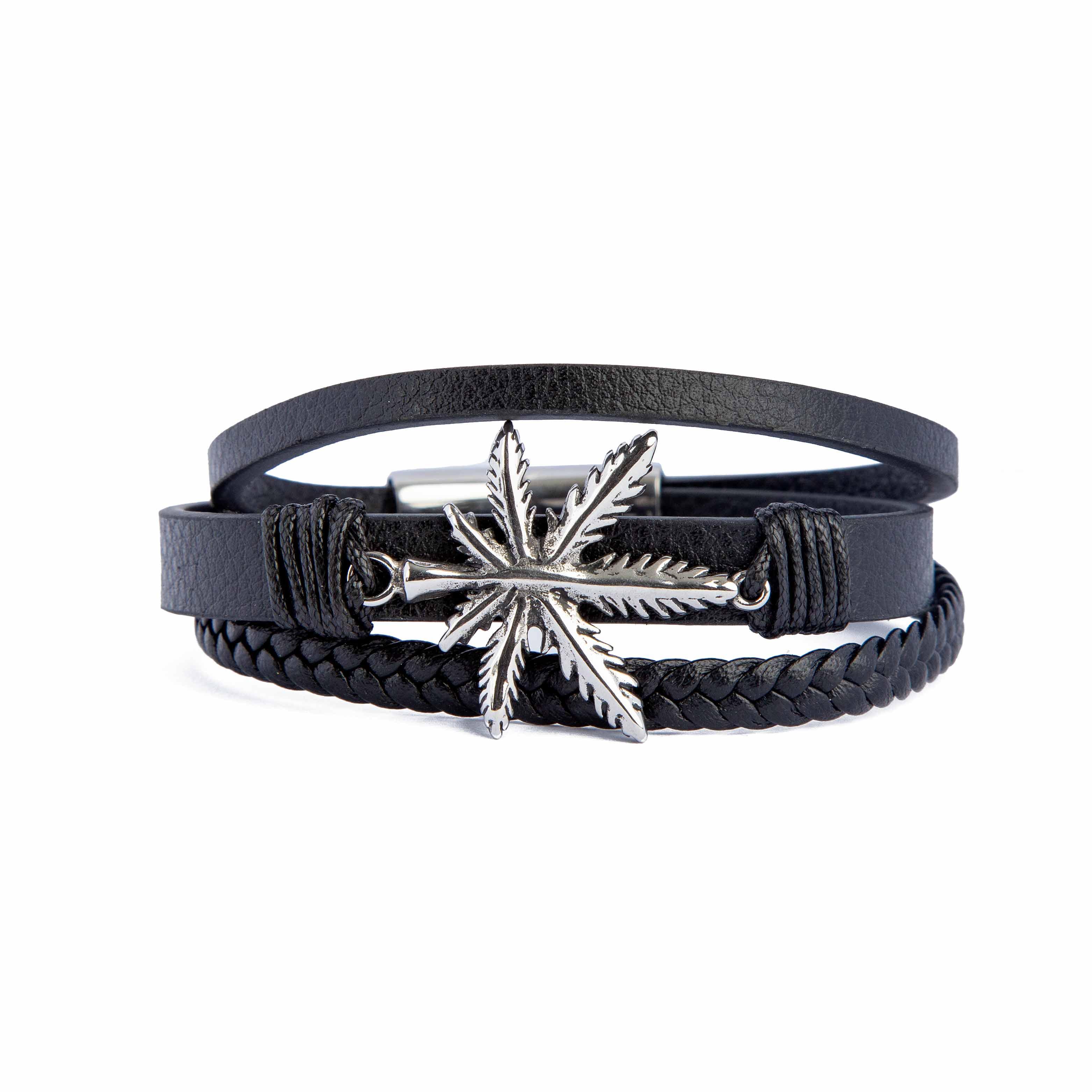 Layered Black Leather Bracelet with Silver Leaf Charm