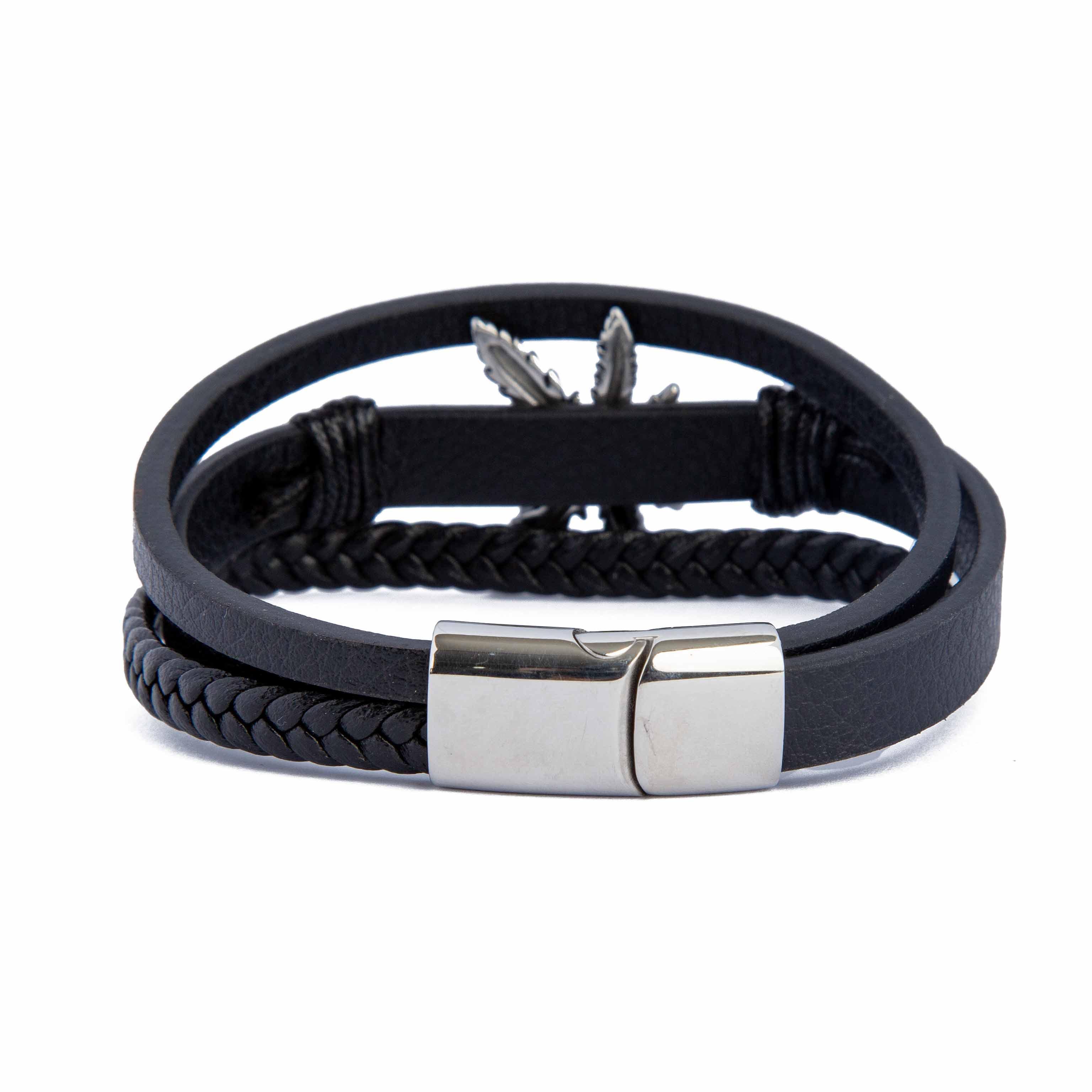 Layered Black Leather Bracelet with Silver Leaf Charm