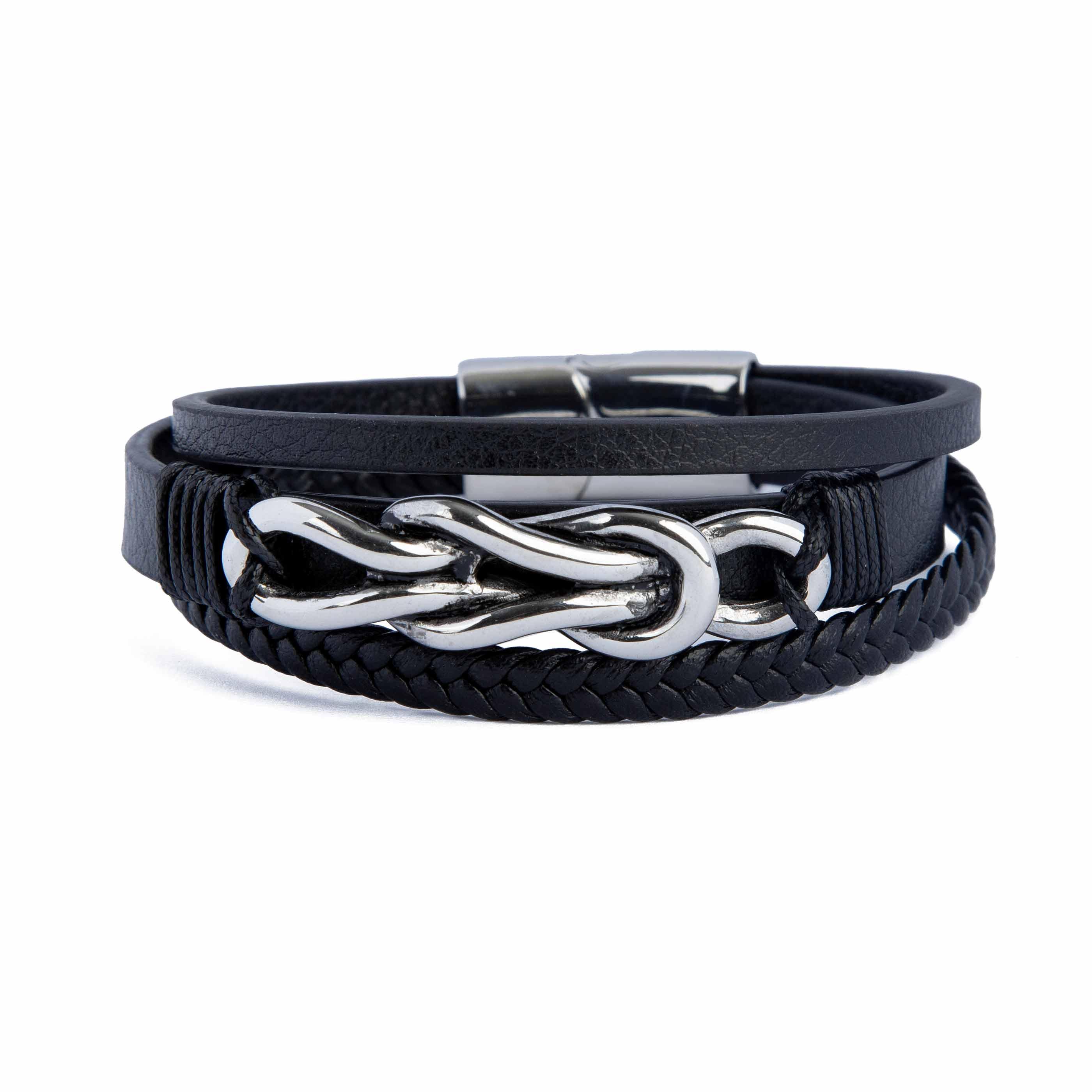 Layered Black Leather Bracelet with Silver Infinity Knot
