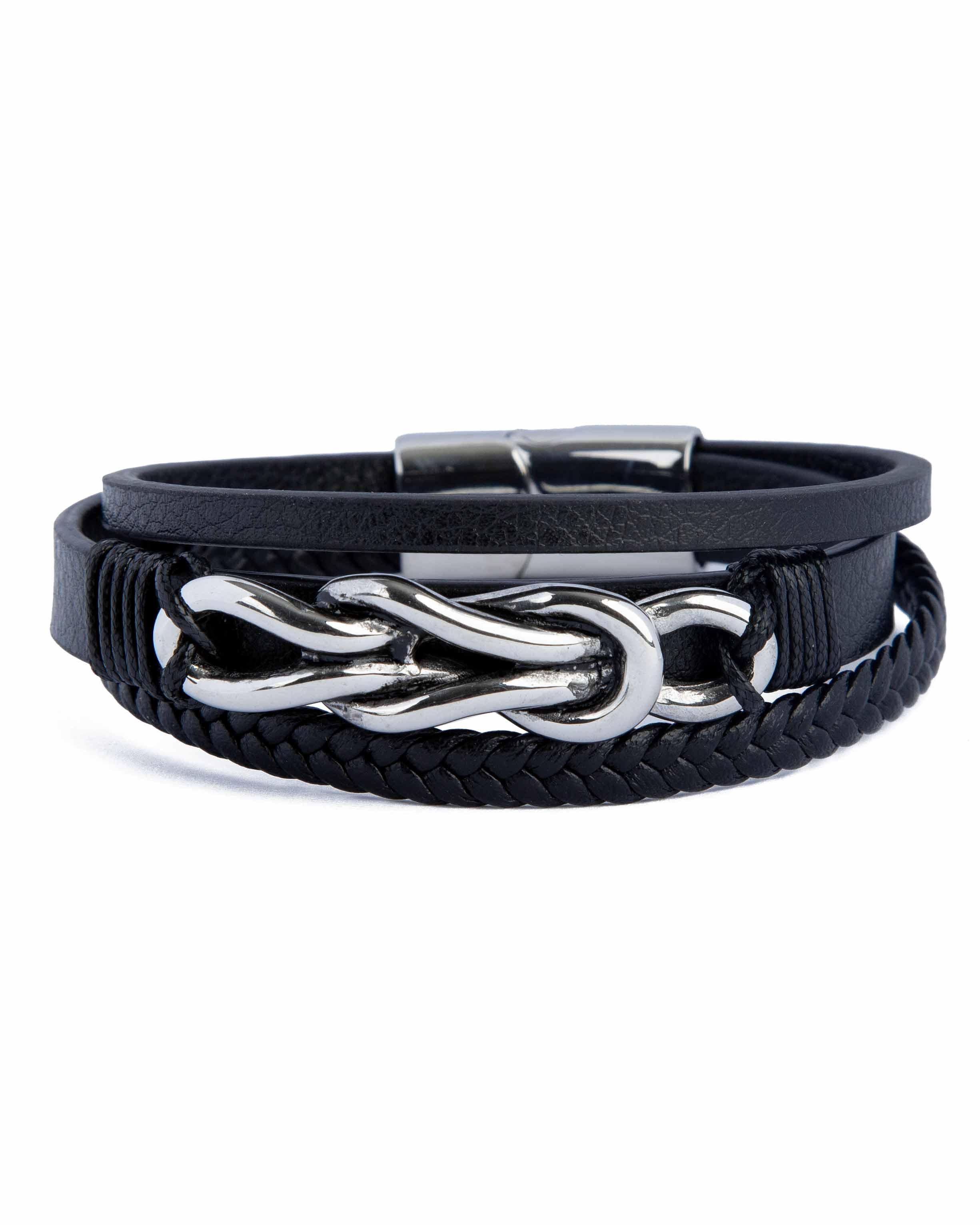 Layered Black Leather Infinity Knot Bracelet, 10659-Black & Silver-toned